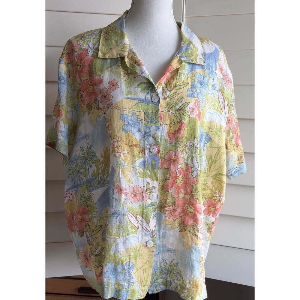 VTG Hot Cotton Marc Ware XL 100% Linen Tropical Floral Hawaiian Shirt made USA